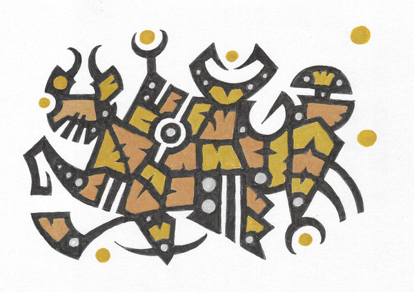 Ochre Glyphs by John Larkin - black glyph figures filled with ochre and warm brown on white
