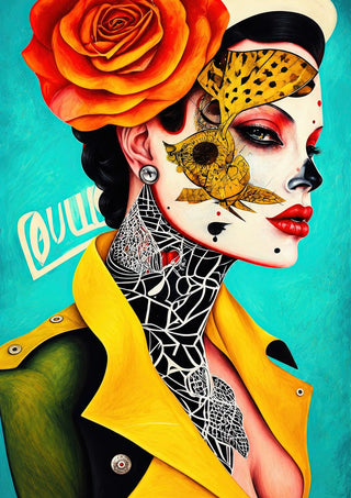 Lace and Leopard by Tara Green - a woman with an orange rose, a gold mask and white lace lines on turquoise