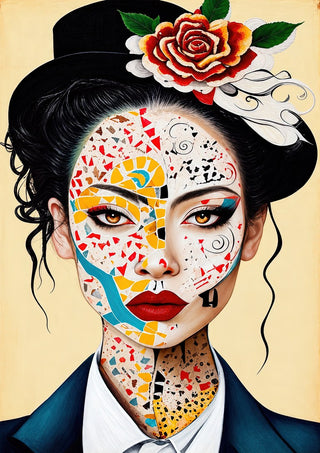 Mosaic Face by Tara Green - a woman in a black hat with half her face set as a mosaic of coloured triangles