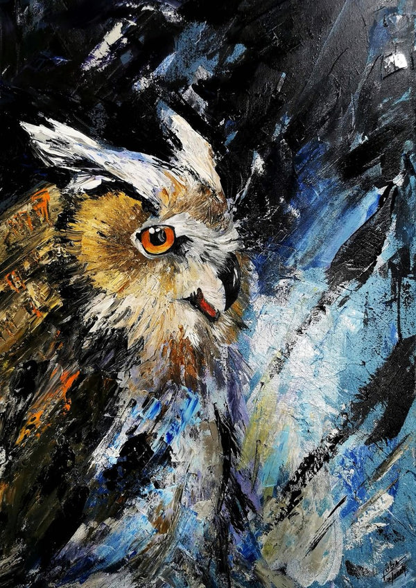 Silent wisdom by Lüba - an eagle owl's head in gold and white against blue and black strokes