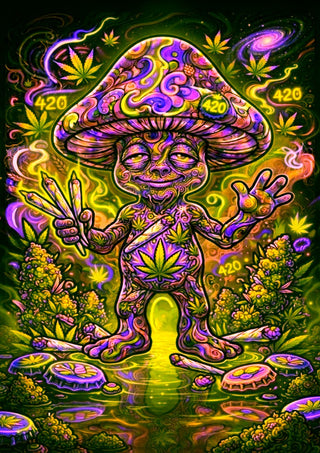 420 Mushroom by BunteBeute - a patterned mushroom figure in a pond among cannabis leaves and stars