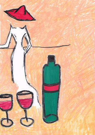 Lady in the Red Hat by Camilla Nilsson - a line-drawn figure in a white dress with a red hat, a green bottle and two glasses of red wine