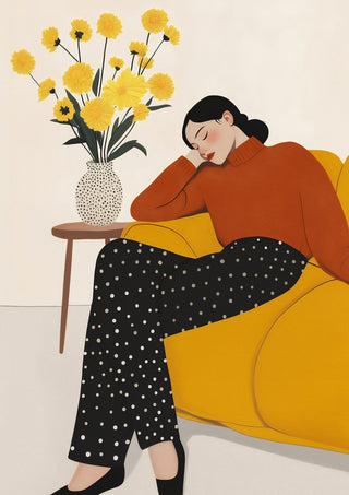 Woman in red by Annika Persson - a woman in rust red resting in a mustard yellow armchair beside yellow flowers