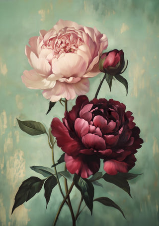 Pions by Annika Persson - a blush peony and a deep burgundy peony on a soft sage green ground