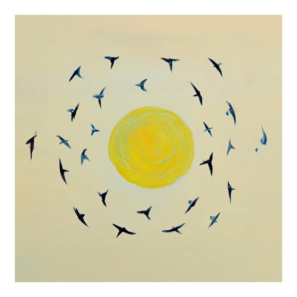 Fly away with me by Interiorisla - dark birds circling a yellow sun on olive cream