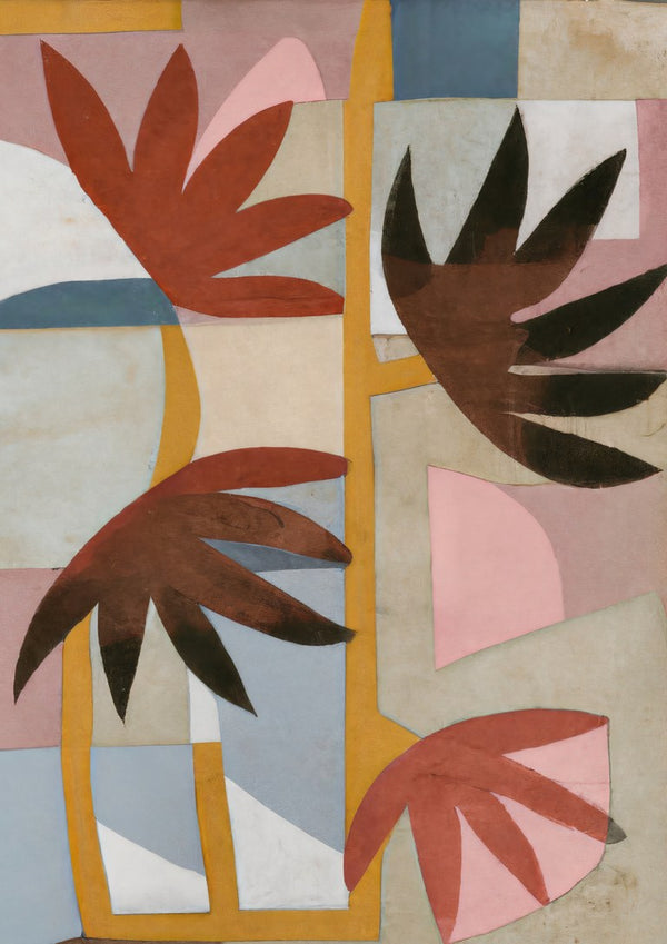 Flower safari by Interiorisla - cut-out fan leaves in rust and pink across a grey and sand grid