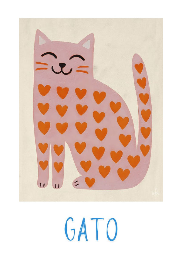 Gato by Interiorisla - a smiling pink cat covered in orange hearts with hand-lettered type