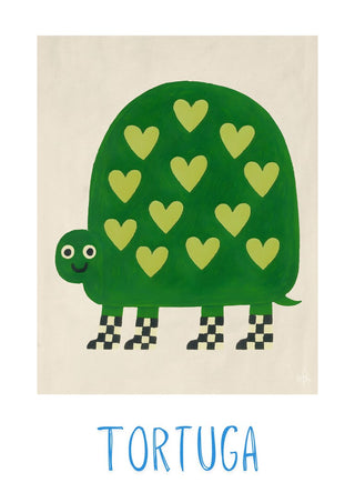 Tortuga by Interiorisla - a green tortoise with yellow hearts and chequered boots on cream