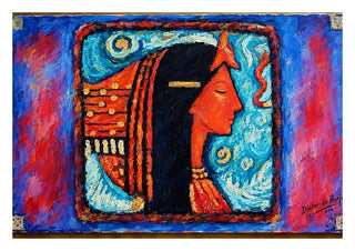AUS ANDERER ZEIT by Dieter de Harju - a woman in profile with black hair and gold detail on blue and magenta