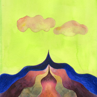 Mountain Under a Green Sky by Shimmering Ugly - two sand clouds over a banded blue and coral peak on lime green