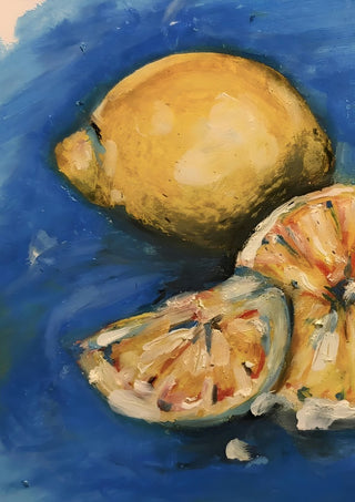 Summer by Christin - a whole lemon and cut slices on a deep blue ground