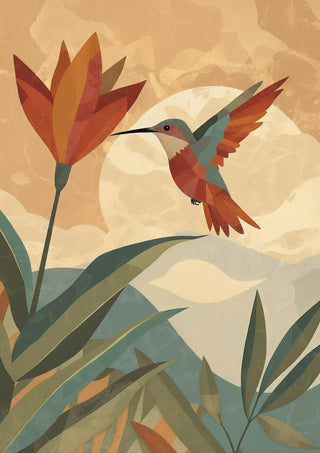 Hummingbird in Motion by ArtySjak - a hummingbird at a red flower before a pale sun