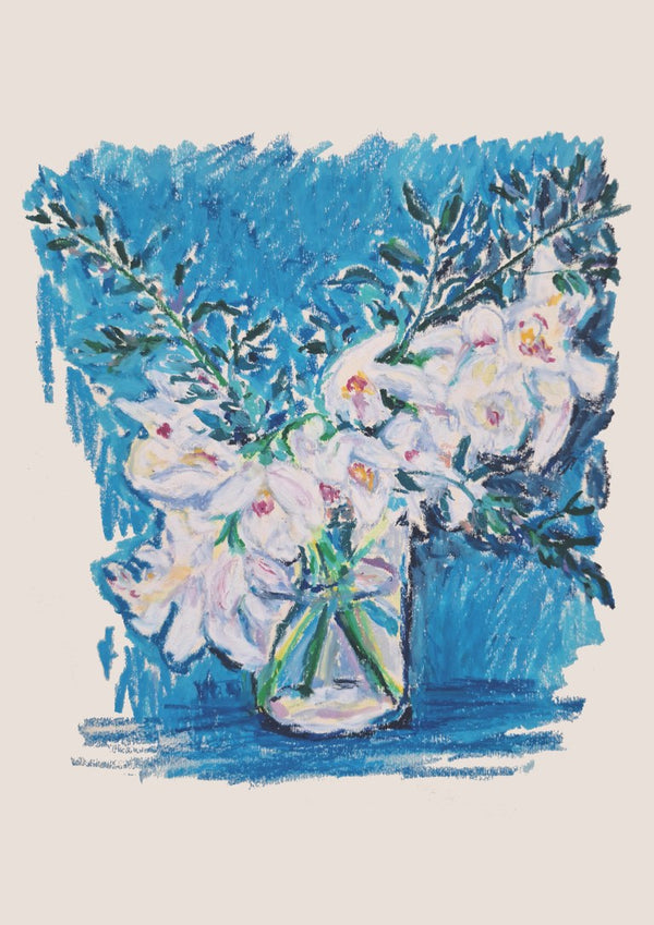 White Blooms on Blue by DNF - white flowers in a glass jar on a blue scribbled ground
