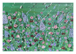 Paddy's Yard by Rebecca Wright - pink roses and lilac spires across a bright green field