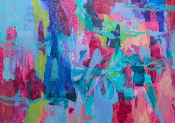 In The Flow by Janet Bell - an abstract painting of magenta, pink and turquoise strokes with looping teal lines