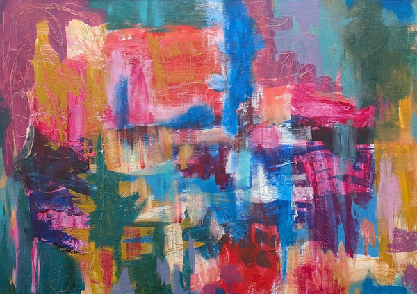 Balancing Act by Janet Bell - an abstract painting of coral, magenta and ochre strokes against deep teal and cobalt blue