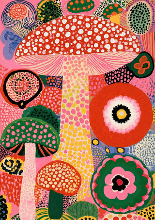 The Spotted Mushroom Garden by Yokohama - a red and white spotted mushroom among dotted flowers on a pink ground