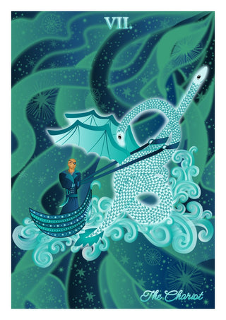 The Chariot by Sciurus tarotus - a figure in a star-covered boat drawn by a pale sea dragon through turquoise waves