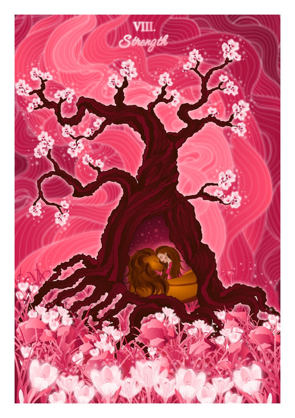 The Strength by Sciurus tarotus - a woman asleep with a lion at the foot of a blossoming tree in a pink field