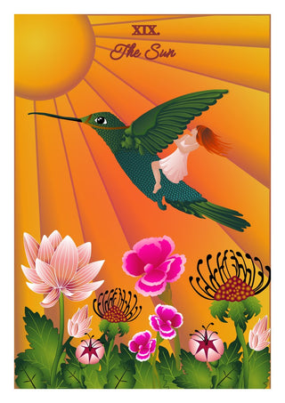 The Sun by Sciurus tarotus - a green hummingbird carrying a girl across an orange sky above flowers