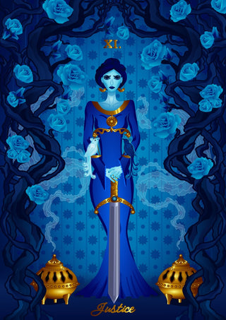 Justice by Sciurus tarotus - a woman in blue holding a sword between blue roses and gold censers