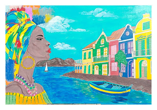 Antillean colors by Sulaika Martis - a woman in a bright headwrap beside a turquoise bay with Caribbean houses