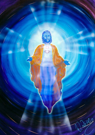Jesus by Walter Zettl - a figure in an orange cloak with open arms inside rings of blue light