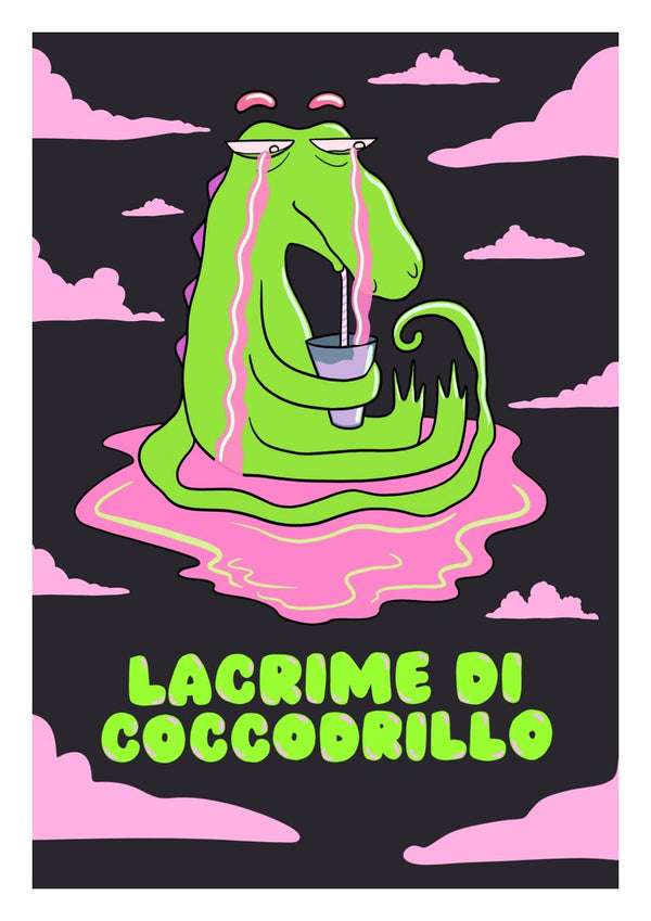 Crocodile Tears by Elisa Albanelli - a green crocodile melting into a pink puddle under pink clouds