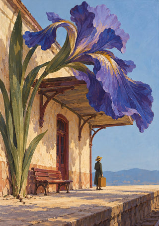 The Station in Bloom by Matthews Gallerie - a giant purple iris rising over a small ochre railway station