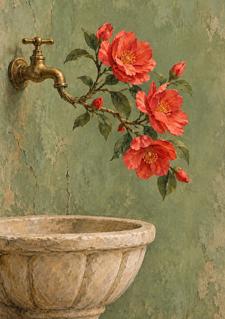 Where Spring Flows by Matthews Gallerie - red camellias growing from a brass tap on a sage green wall