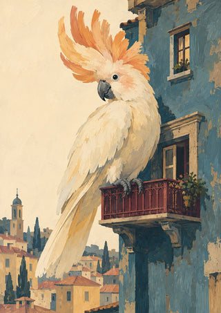 A Balcony of One’s Own by Matthews Gallerie - a white cockatoo on a blue balcony above a hillside town