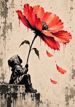 Under a Scarlet Bloom by Matthews Gallerie - a stencilled child holding a giant scarlet poppy like an umbrella