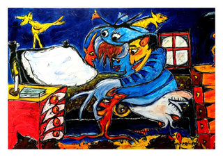 Transformação (Transformation) by Corre-Pé - a blue masked figure on a bed among yellow birds