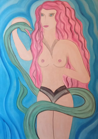 Eva in Paradise by Carmen Coduri - a pink-haired figure with a green serpent against swirling blue