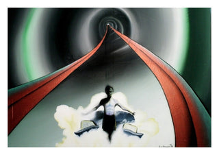 Crashing Man by Luis Valquaresma - a small figure beneath a rust red arch and radiating grey-green rings