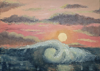 Into the Sun by Zhan Snow - a breaking wave under a coral and gold sunset sky above dark blue-green sea