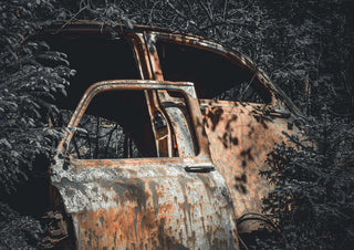 Decay (4) by Lone Gjessing - the rusted side of an abandoned car with flaking paint in a dark forest