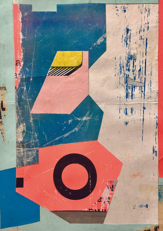 Abstract Composition No.2 by Kareem Rizk - torn coral, teal and yellow paper shapes over a scratched blue-grey ground