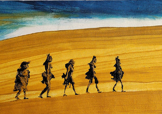 The Desert Walkers by GAHO - five dark figures crossing a golden dune under a deep blue sky