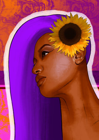 Golden Focus by Sabrina Rosenblatt - a woman in profile with a sunflower at her ear and a purple head wrap