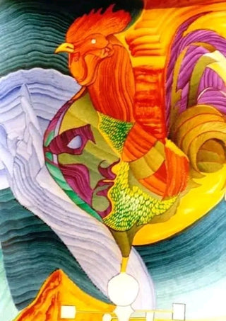 Eco by Carlos Enrique Gozalo Ara - a crested bird above folding ribbons of yellow, green and purple