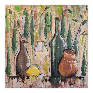 Summer mood by Dina - a still life of a jug, bottle, glass and lemon before a row of green cypresses