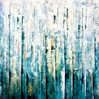 Teal Abstract by Marina Agre - vertical strokes of teal, petrol blue and white with seams of ochre
