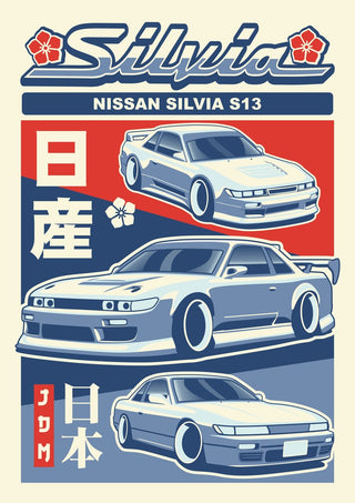 Nissan Silvia S13 by Kaminarirace - three views of the Silvia S13 on red and navy panels