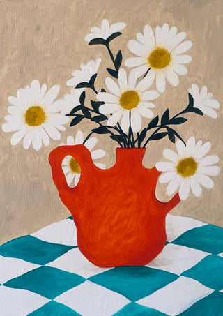 Vita blomster i röd vas by Rebecka Hansson - white daisies in a red jug on a teal checked cloth