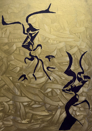 Whispers in Gold by Bibi - slim black dancing figures across a swept gold ground
