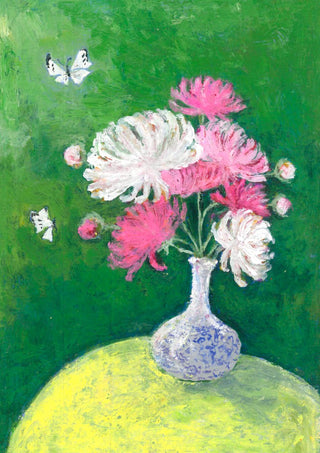 Chrysanthemums by Deblina Dey - white and pink chrysanthemums in a blue-and-white vase against deep green