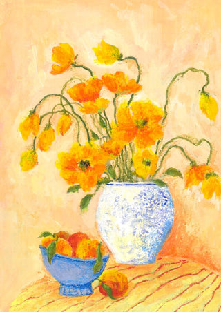 Poppies And Peaches by Deblina Dey - orange poppies in a blue-and-white jar with a bowl of peaches