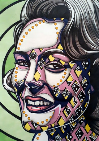 Vertigo by Okiana - a face broken into pink, navy and yellow panels on pale green