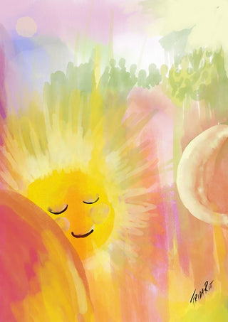 Let the sunshine in by FridaRit - a yellow sleeping sun in soft green, pink and lilac washes